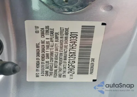 2007 Honda Civic Lx z USA, uszkodzony, nr VIN 2HGFG126X7H540301